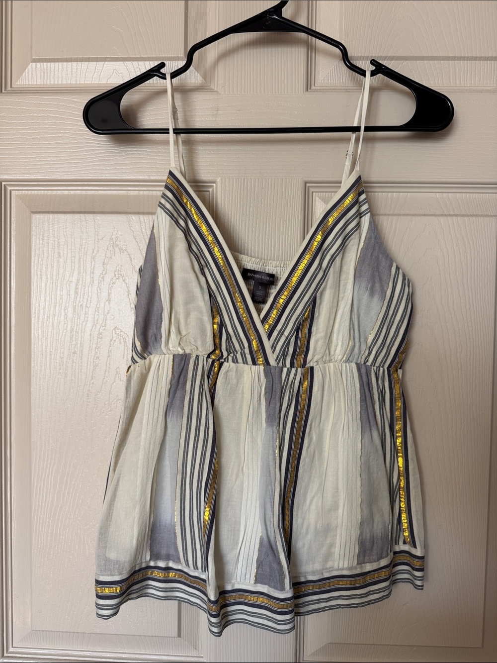 Banana Republic cream, navy, and gold Striped V-Neck Spaghetti Strap Cami